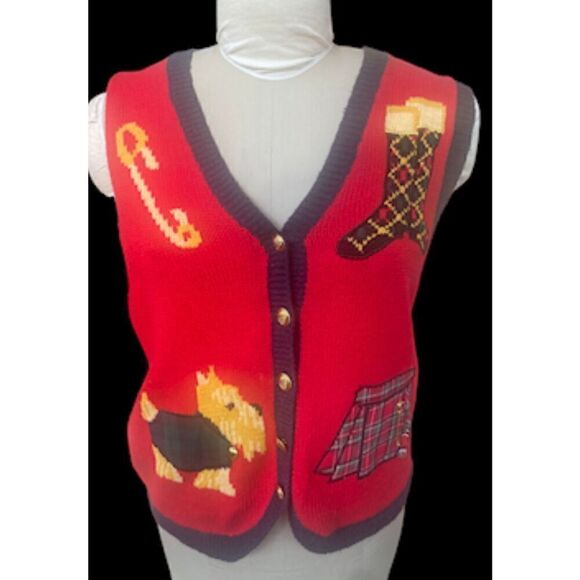 Holiday Sweater Vest Scottish Button Front Red/Blue Size M - Picture 2 of 12
